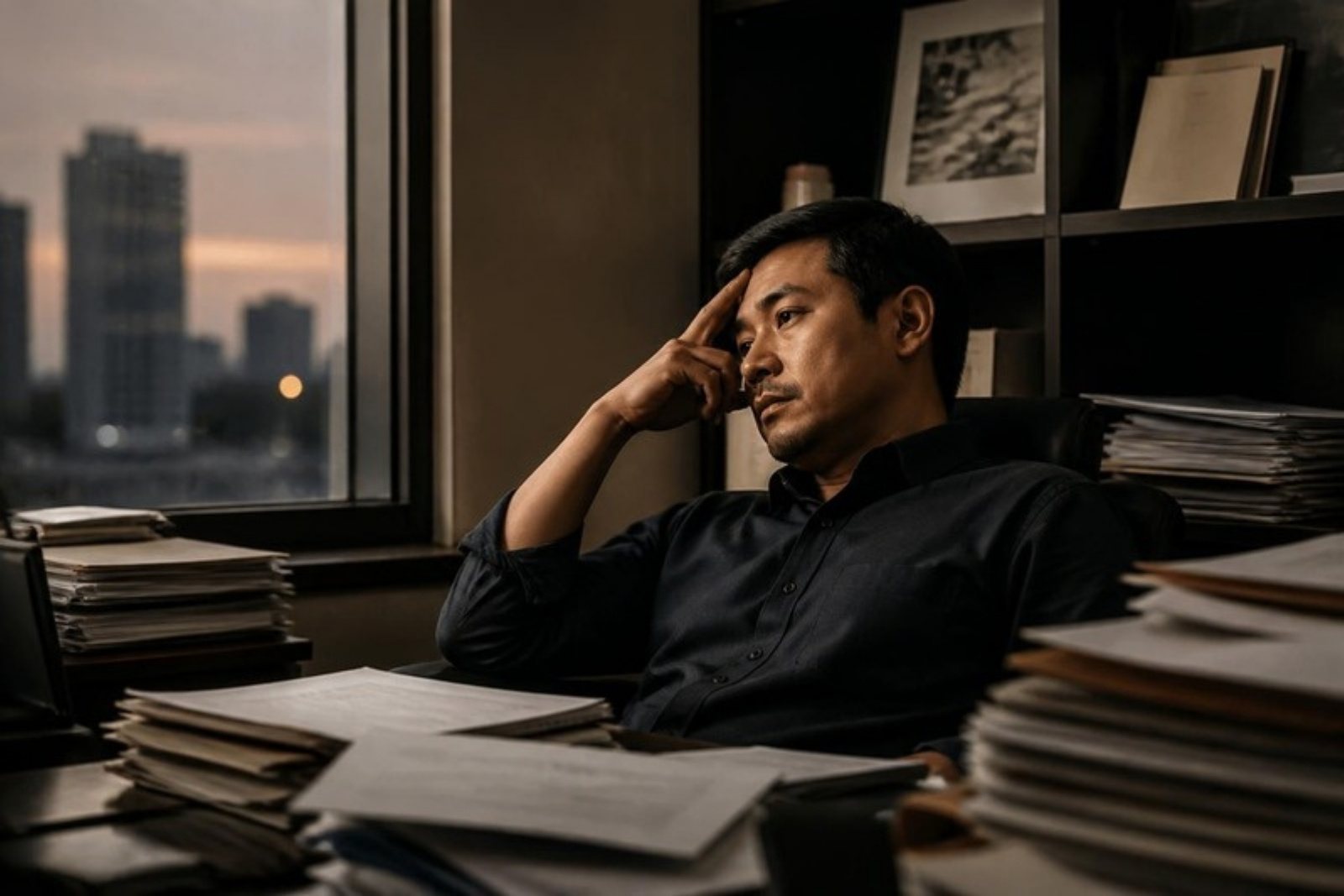 An agency owner sits back at his desk late in the evening, one hand at his temple, stacks of paperwork around him and a city dusk through the window.