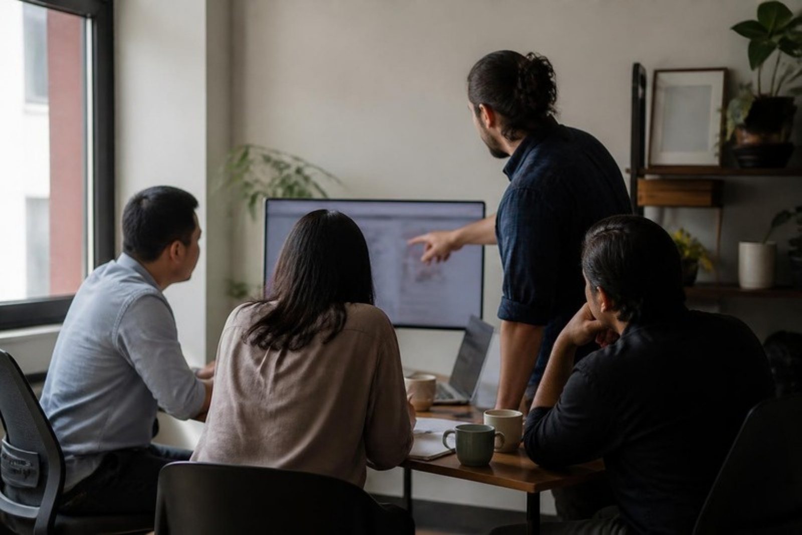 Four people gathered around one monitor in a small office, one standing and pointing at the screen while the others watch.