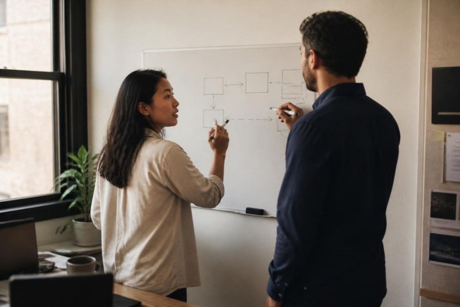 Two colleagues standing at a whiteboard, drawing a diagram of boxes and arrows, mid-conversation.